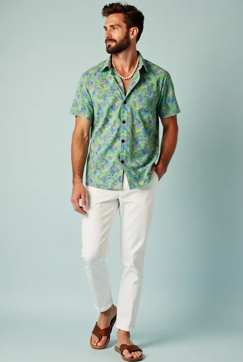  is wearing a shirt printed with colorful patterns , predominantly green and blue ,  combined with white lightweight fabric pants .  He wears sandals and a shell or pearl necklace ,  suggesting a relaxed style suitable for a warm climate or a coastal envir...