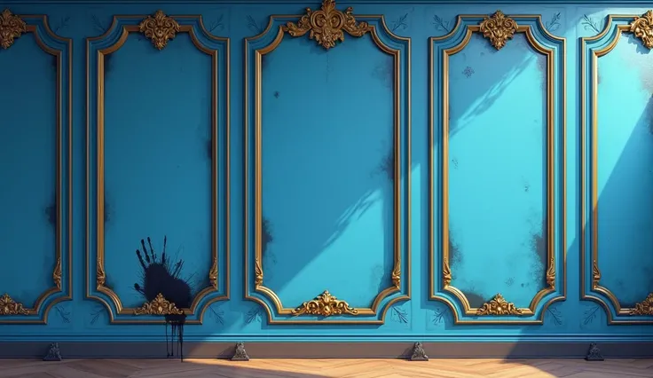 Prompt: A realistic 2D cartoon-style grand blue wall with ornate gilded frames embedded into the design. The paint is glossy but uneven, as if it has been hastily repaired. A dark stain resembling a handprint mars one corner of the wall, and a faint sound ...