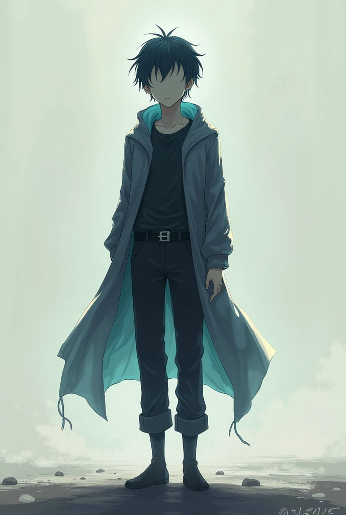 An anime boy with a faceless face is standing in front 