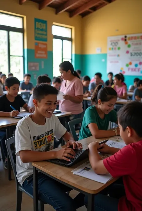 An education center filled with vibrant energy. Young people sit at desks using computers, with a teacher guiding them. Rosa’s eldest son is seen smiling as he types on a laptop. In another corner, women in a workshop create handmade goods under Rosa’s sup...