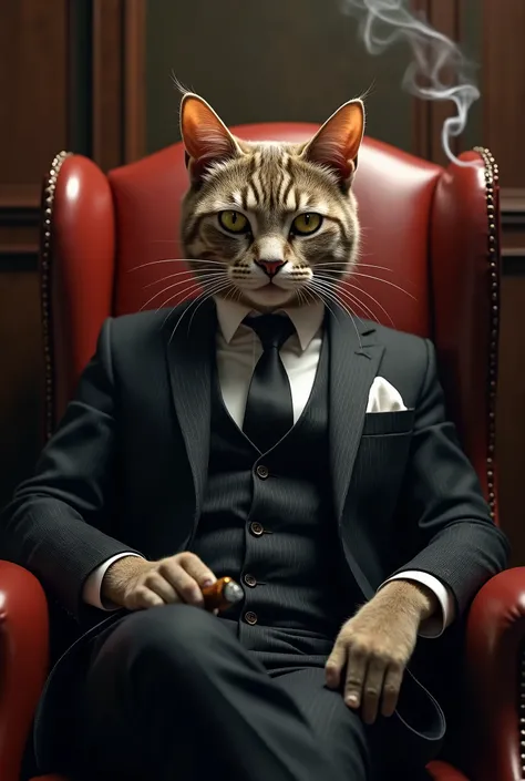 a cat wearing a suit, looking series, like a mafia boss, sitting in a chair like a boss, smoking a cigar