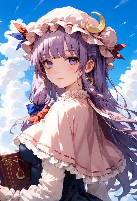 best quality, masterpiece, highres, solo, {patchouli_knowledge_touhou:1.15}, long_hair, purple_hair, crescent, purple_eyes, ribbon, hat, bow, bangs, mob_cap, hat_ornament, crescent_hat_ornament, hair_bow, red_bow, blue_bow, upper_body, book, red_ribbon, ca...