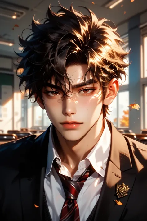 adult male, solo, sexy, broad shoulders, short hair, jet-black hair, messy hair, dark chocolate Brown eyes, (half closed eyes:1.0), detailed eyes, detailed face, (fearless, assertive, sturdy), (black school uniform), looking at viewer, sensual pose, (autum...