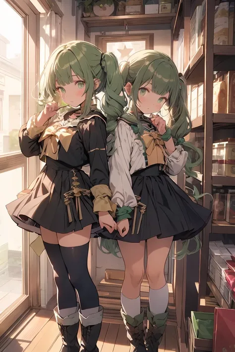 (masterpiece), (best quality), detailed,
1 girl, soro, twintails, long wavy hair twintails.hairs between eyes,dark green eyes ,dark green hair, (magical girl:1.2),
bow, dress, (pink:0.6), over legwear, boots, too many frills, too many bow, standing,striped...