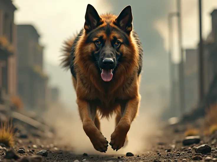 Long-haired German shepherd , with a mane almost like that of a lion ,  running on a road with an apocalyptic landscape 