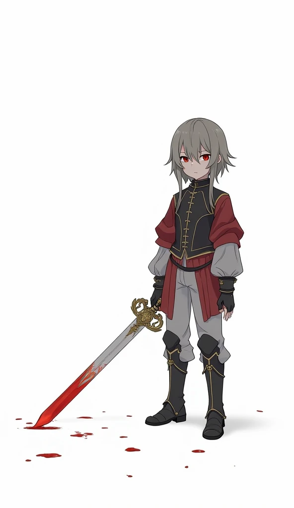 a boy with a grayish-blonde hair and red eyes standing on a bright and fancy noble party-room. His bangs cover his eyes by a little and he has an expressionless stare on his face, aboid of any possitive emotion. His skin is pale and fair-skinned, he is wea...