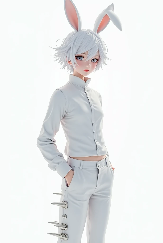  Create an anime boy with white hair with white rabbit ears , with white turtleneck , camisa blanca, white sleeves,  white pants with spikes on the left leg 