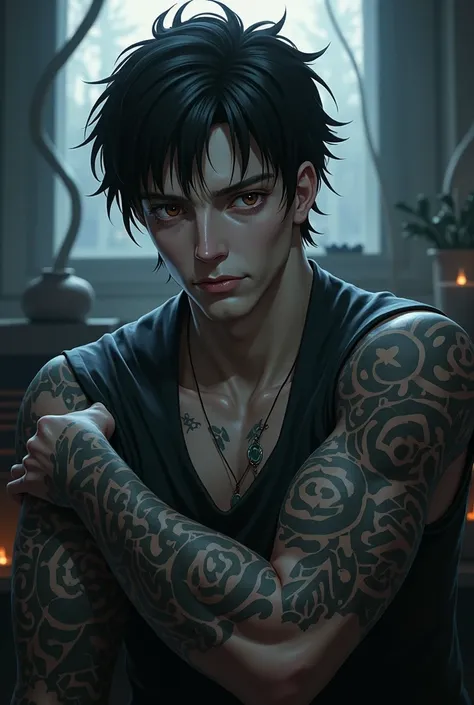  Mature man, Seblante would be , Black hair pale skin,  brown eyes ,  30 years old with some tattoos on her arms , anime