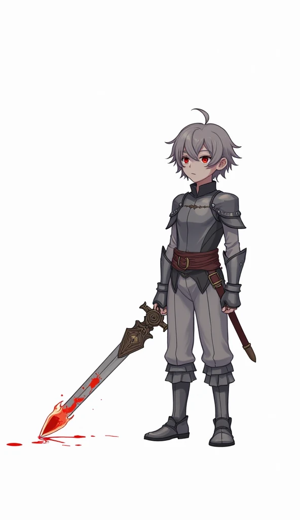 a boy with a short-curly grayish-blonde hair and red eyes standing on a bright and fancy noble party-room. His bangs cover his eyes by a little and he has an expressionless stare on his face, aboid of any possitive emotion. His skin is pale and fair-skinne...