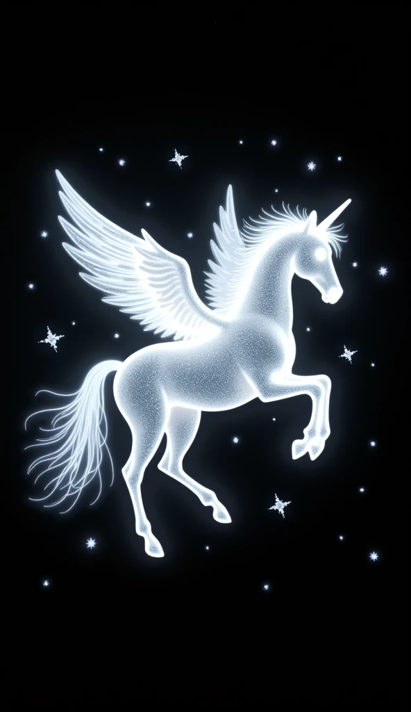 Celestial Pegasus gallops among the stars, glowing white against a deep black cosmic background. Its radiant wings spread wide, forming constellations, and its mane and tail shimmer like streams of starlight. The Pegasus is ethereal, outlined by soft glows...