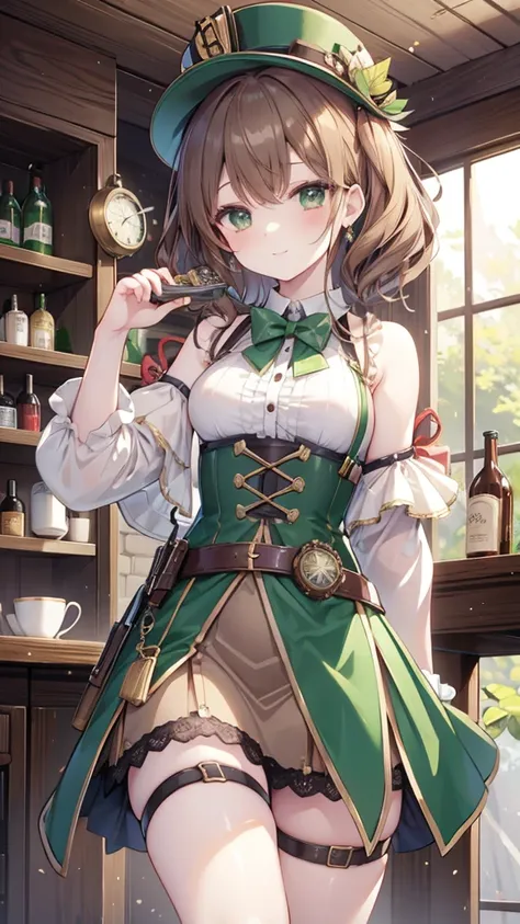 brown bronze hair 、 medium hair、 natural perm、pattsun maegami、easygoing eyes、 green eyes、smile、Pink Cheeks、 Natural Lips 、green earring 、 shoulder out、 Bronze Colored Clothes 、Steampunk clothing、 bronze color skirt、 black tights 、 garter belt、Steampunk hat...