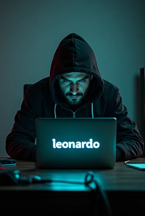 Create a 3464×3464 image, there is a picture of a hacker in front of his laptop, and the words "LEONARDO" are written in the middle of his laptop.