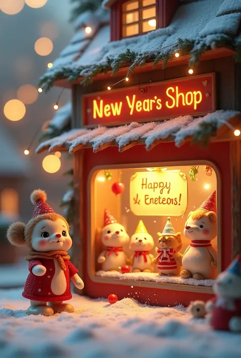 Create a image for happy new year from miniature toy shop with some quotes 