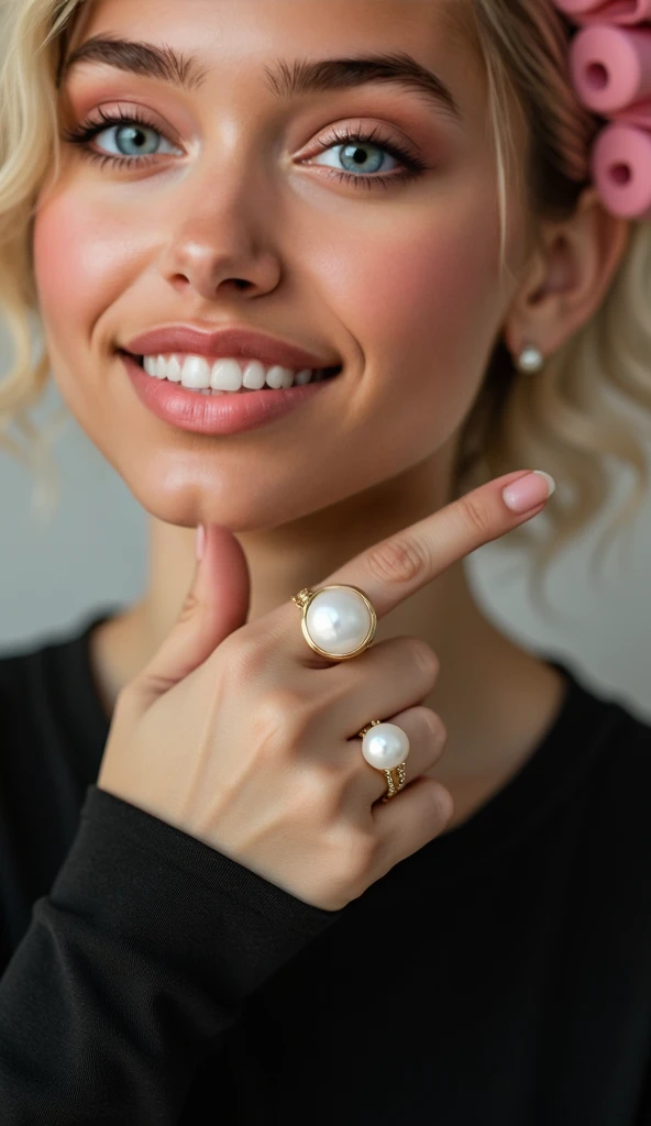 ((((close up shot)))), close up of hand, (((quarter of face))), Beautiful (((Latina))) girl named Luna, (((her short blond hair curled in 5 plastic pink hair rollers with pins)))), smiling, dressed in (((black tucked in slim fit LONGSLEEVE t-shirt))), very...