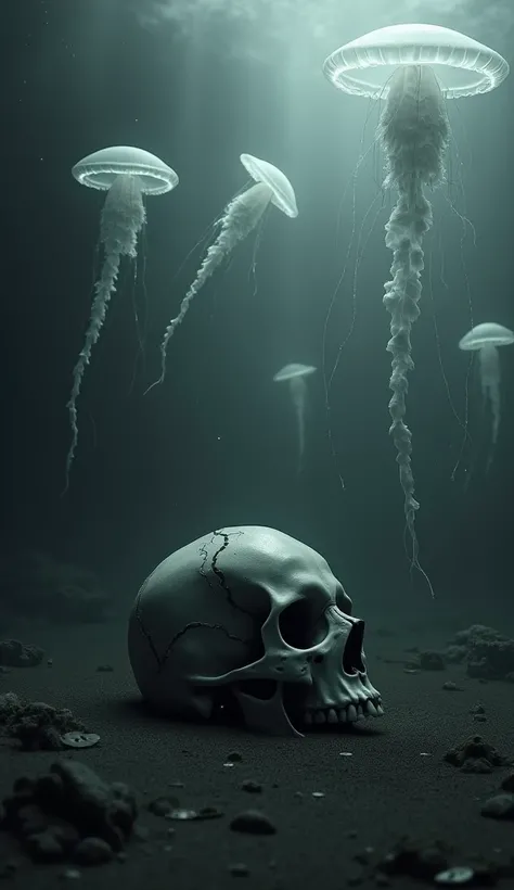 The image shows a skull on the bottom of a dark sea with floating holographic jellyfish. The use of black and white enhances the dramatic, noir atmosphere, and the fog adds an element of melancholy and depression. The lighting creates strong contrasts, emp...