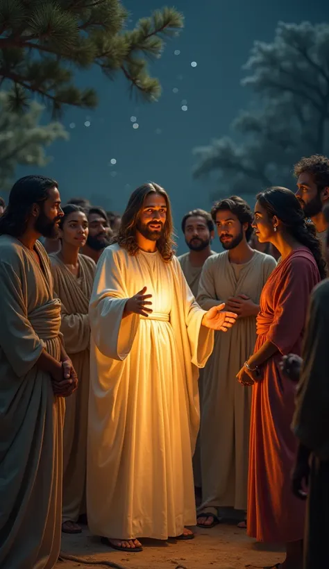 "A highly detailed and ultrarealistic image of Jesus Christ standing in a serene nighttime setting. He is addressing a group of diverse people, including men, women, and ren of various ethnicities, who are attentively listening to Him. Jesus is depicted wi...