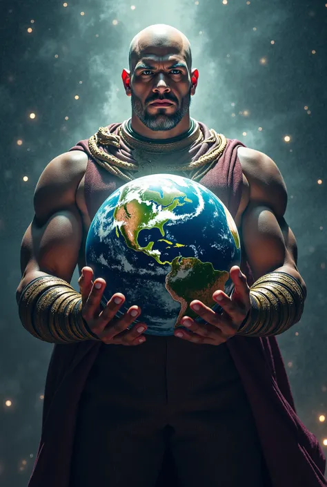 The image of a man holding a planet
