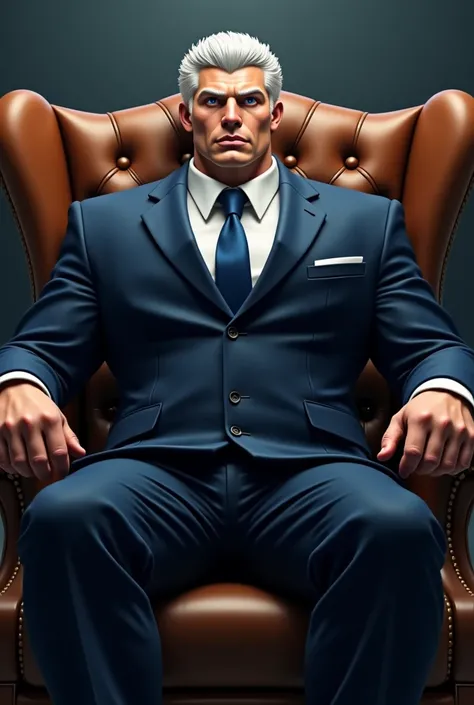 Generate for me a man sitting on a chair with blue eyes, muscular white hair who wears responsible clothes 