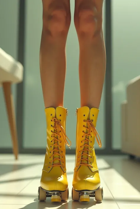 Woman’s feet in yellow high heel mary jane roller skates 