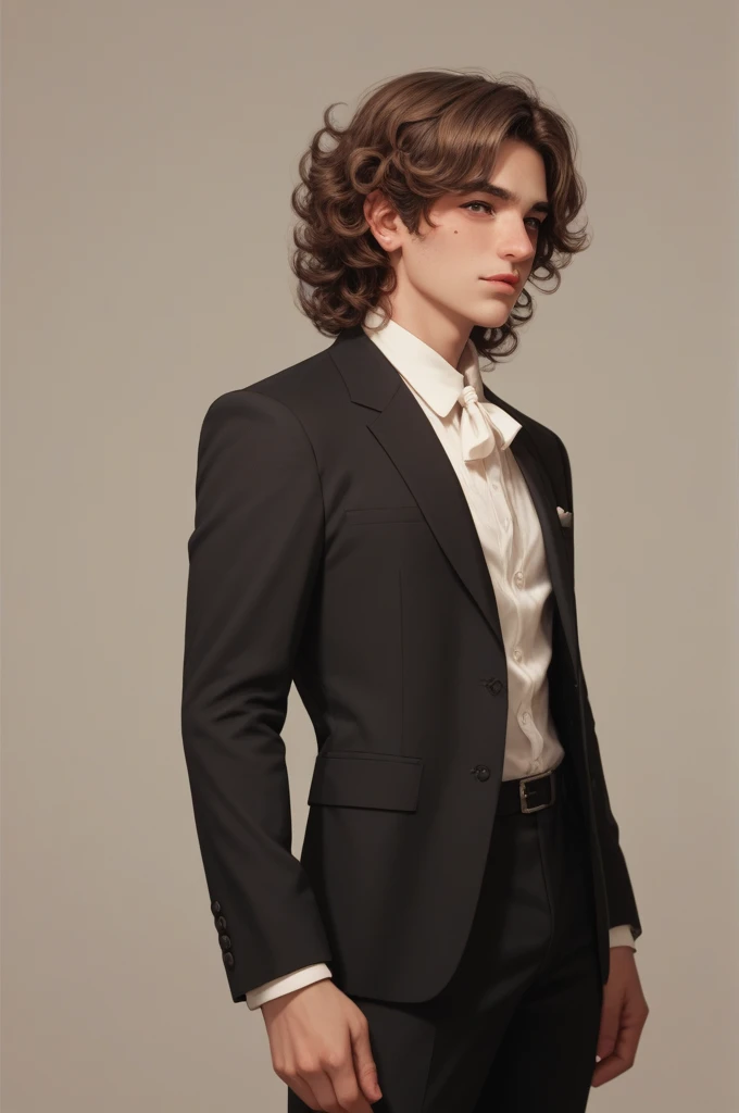 Handsome androgynous man with long curly brown hair using black suit 