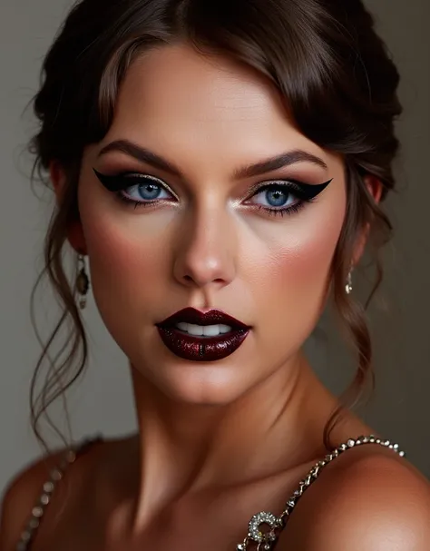 cute portrait of woman on her wedding day, latex wedding dress, red lip gloss, thick eyeliner flicks, latex outfit, latex, shiny, eye contact, full lips, lip fillers, dark red lip gloss, shiny lips, glitter