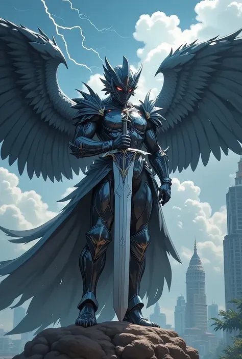 Full-body view of a dark angel with a futuristic, enormous sword in an antique style, hugeous wings, futuristic armor adorned with feathers, stands on the skyline, gaz down upon the city. The sky is dark, with thunder striking down, an aura can be seen aro...