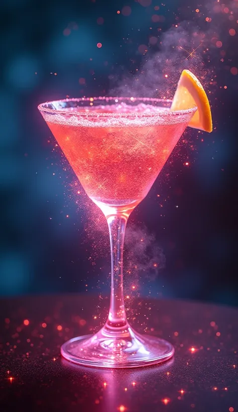 bright glowing sparkling New Years drink, in the style of the hero of the product, shot in motion, dynamic advertising image in the magazine, photorealism, dream and mystical elements in the background