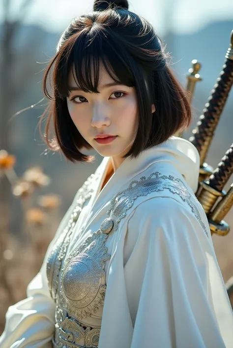 ( top quality ,4K,8k, high res,masterpiece:1.2), very detailed,( realistic,photo realistic,photo- realistic:1.37),Japanese beauty in her 20s, full body、Textured short bob haircut、Nipples、 Perfect Anatomy、 depth of writing,Intricate White Heavy Metal Armor ...