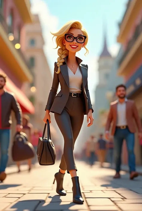  Make a woman smiling, Happy Walking , elegant,  down the street , heels, bag, blonde boots , a braid, glasses with black lenses,empowered,  3D cartoon type  