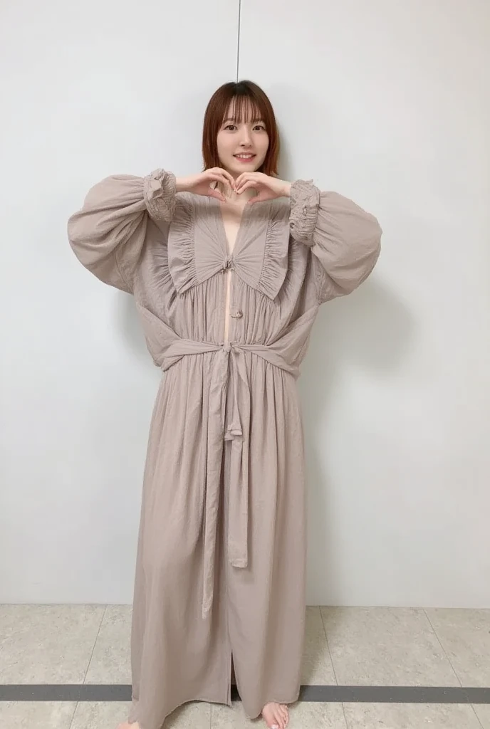  posing in off-the-shoulder pajamas、 There is one cute smiling woman posing in her underwear,   Im making a heart shape with both hands 、Physical-based rendering of , View above the collarbone、  has a monotone background  

