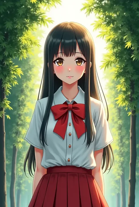 Anime Woman Wearing High School Japanese School Dress Bow Red Taffeta Tree 2 Sides