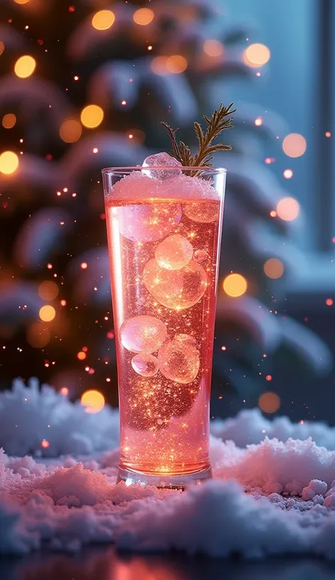 bright glowing sparkling New Years drink, in the style of the hero of the product, shot in motion, dynamic advertising image in the magazine, photorealism, dream and mystical elements in the background. New Year tree. Snow.