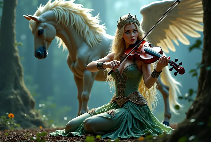 (photorealism: 1.2),  is a beautiful woman with long wavy blonde hair and green eyes,  sensual look at the viewer .  big breasts,  She is kneeling and playing a violin  . She wears queen clothes because she is the queen of the mystical beasts . Pegasus beh...