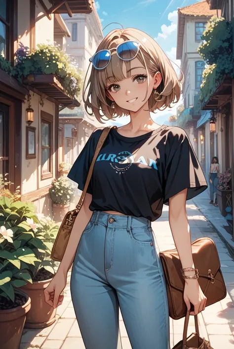 Anime girl with dark hair brown eyes a blue ribbon in her long dark hair a beautiful smile , a sun glasses in one hand in the other hand her bag ,wearing a long light blue pants and a black top , skinny complexion light brown 