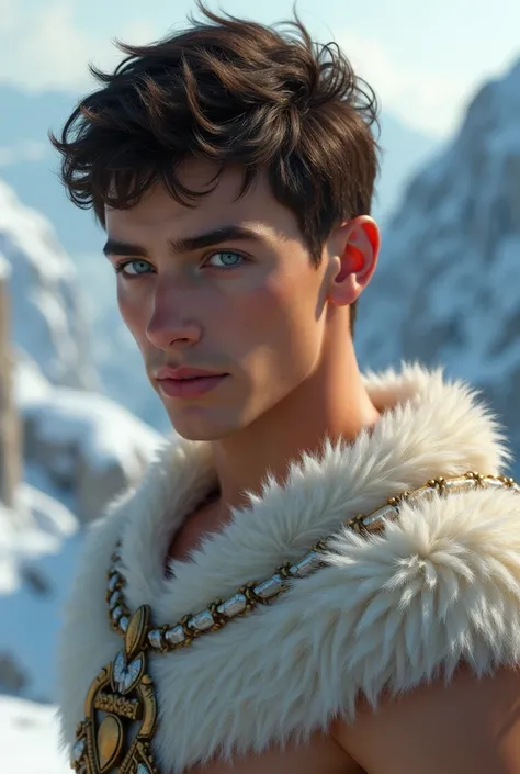 Hercules as an adolescent Caucasian man,  white skin  , no beard,  bright green eyes,  dark brown hair, face e características lábios macios esculpidos perfeitos, maxilares e maçãs do face bem definidas beleza divina, Divine Aura, on top of a snowy mountai...