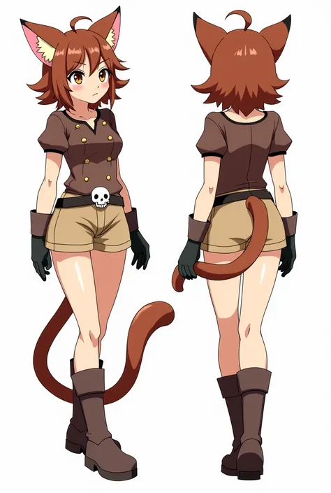   Female anime character   ,    furry with giant cat ears   ,    brown hair with a beige tuft    ,    with a brown short-sleeved blouse,  a transverse belt   , with a skull l   , And a short beige    , adventurer costume   ,    a drade leather boot and bla...