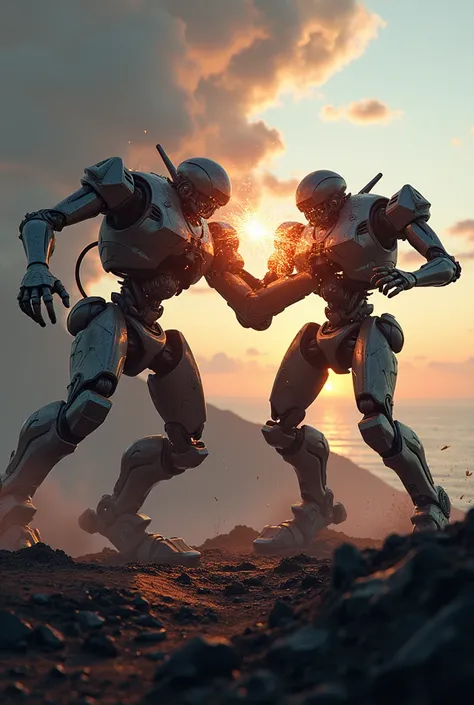 Two robots that are hitting each other on top of a volcano that is on an island and in the distance you can see the sea at dusk and the two robots are fighting to the death