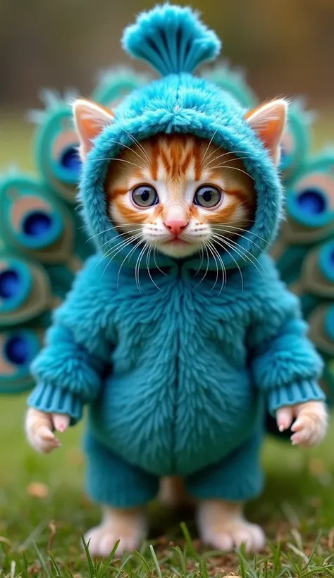 A realistic, adorable kitten standing upright, wearing a large, fluffy peacock costume made of soft cotton feathers. The costume includes a hood that frames the kittens sweet face, with its soft orange fur peeking out. The feathers of the peacock costume a...