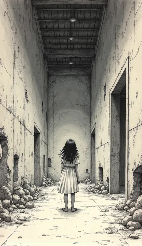 、 Mizuki Shigeru Kaze 、Pen drawing、Precision、delicate、 Calm Colors、Ruined Room 、 Fantastic、Vertical composition、Fine shading、 hand drawn style 、Pen drawing、Pointillism、Black and white painting 、Gallo comics、A huge girl floats in the middle of the room