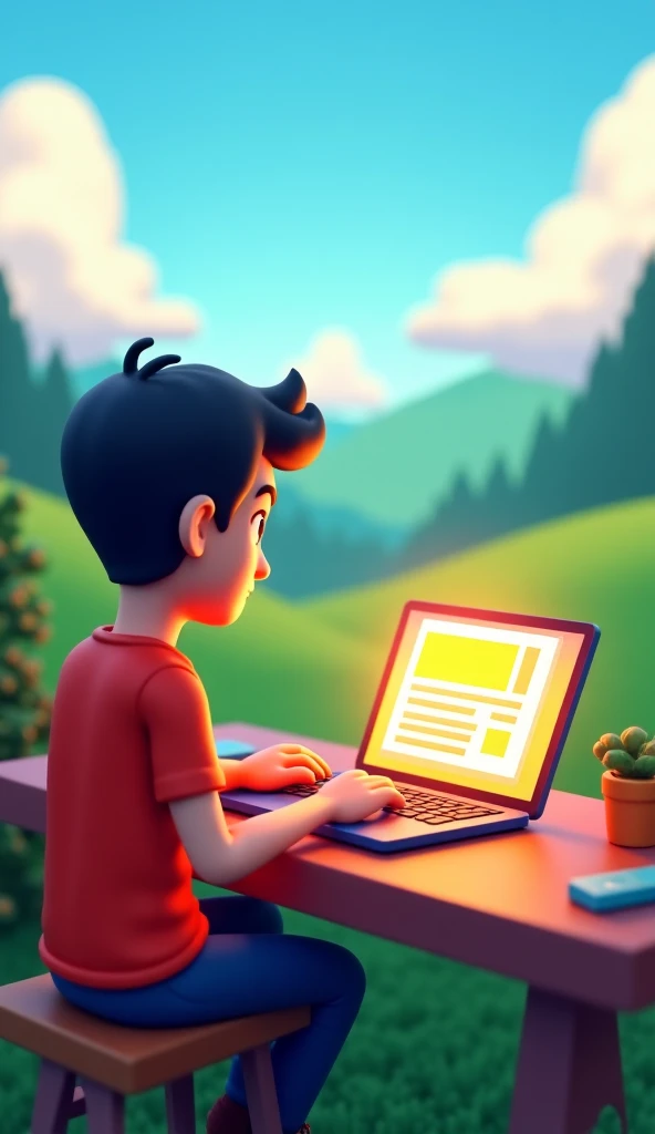 3d pixer cartoon pakistan:A person typing on a laptop, a glowing screen displaying an open blog page.