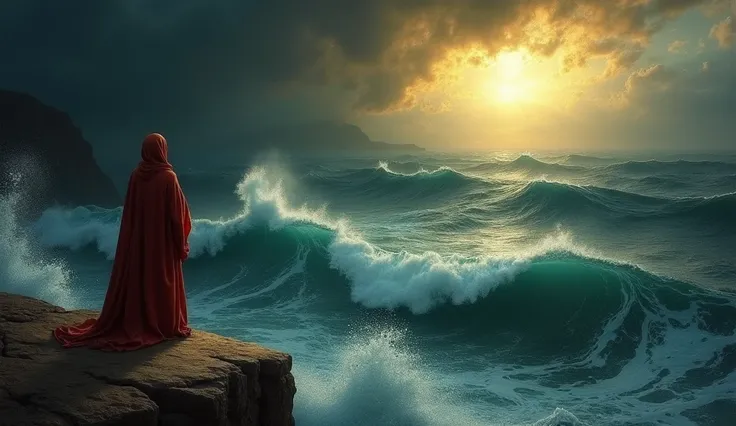 "A Renaissance-inspired depiction of a robed figure standing at the edge of a cliff overlooking a dark, swirling sea. The figure gazes into the horizon, where a faint golden glow pierces through the stormy clouds, hinting at a hidden truth. The waves crash...