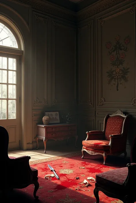 A partially lit crime scene in the mansion with furniture overturned, blood splatters on the wall, and a knife on the floor.