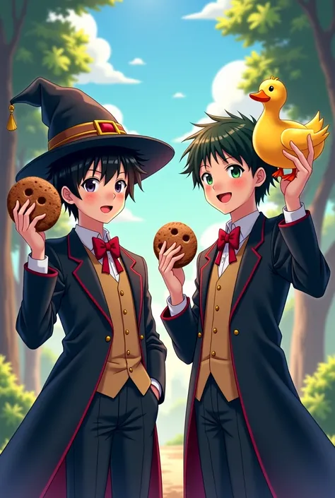 anime characters holding up cookies and a duck, a picture inspired by Yanagawa Nobusada, pixiv, magical realism, anime cover, from cryptid academia, official fanart, artwork in the style of guweiz, magical school, guweiz, kawacy, official anime artwork, mi...