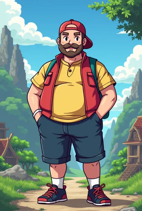  full body,  pixel art style, Let him be a Pokémon trainer, A man with short straight brown hair , With beard and mustache, His brown eyes and his skin tone is light ,  is chubby 