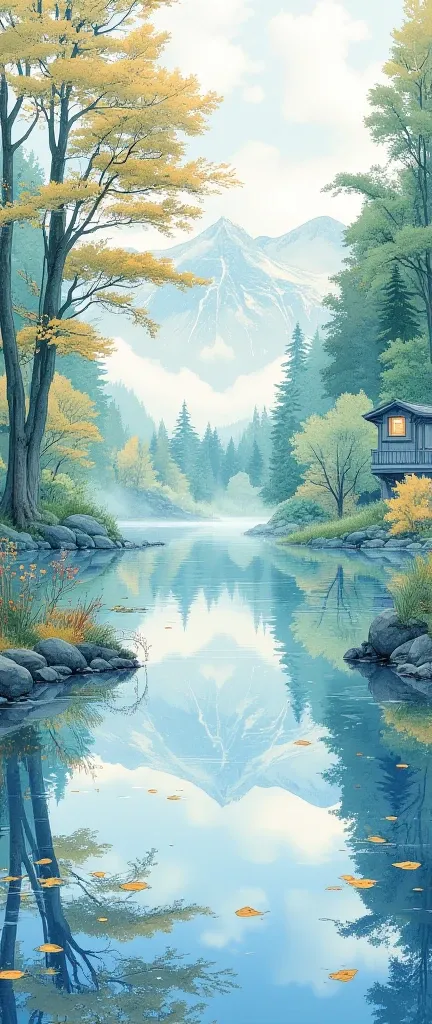 ( masterpiece :1.2,exceptional quality,mirror finish ,  best illustration ),8k,16k,wallpaper,(quiet lake),(morning mist),(quiet lake畔の森の影),( A cuckoo is croaking  ),(watercolor),( dynamic ),( Beautiful gradation),(Tranquility VFX  )