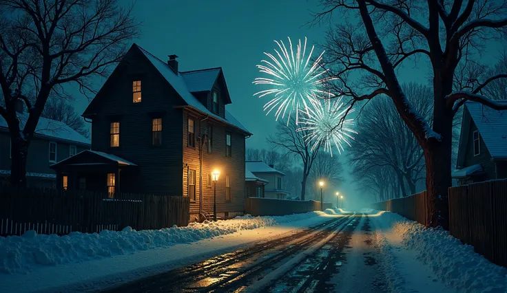 "A spooky, old house standing alone on a dark street in a small, deserted town at night. The house is dimly lit, with flickering lights in the windows, casting long, eerie shadows across the cracked sidewalk. The street is lined with snow-covered trees, th...