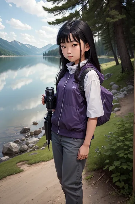 A full-body image of a 5th-grade Asian-American girl named Emma Chang, standing in a natural outdoor setting. She has straight black hair with side bangs and wears a photography vest with many pockets and long pants.  She holds a professional camera, her p...