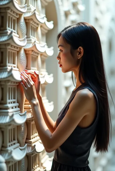 
"A young woman with long, straight black hair, dressed in a sleeveless dark top, is standing beside an intricate white architectural relief artwork. She is gently touching or carving the design with her hand, looking over her shoulder with a calm and expr...