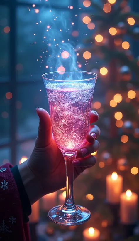 A bright magical glowing sparkling New Years drink in a glass, in the style of the hero of the product, shot in motion, a dynamic advertising image in a magazine, photorealism, a dream and mystical elements in the background. New Year tree. New Years candl...