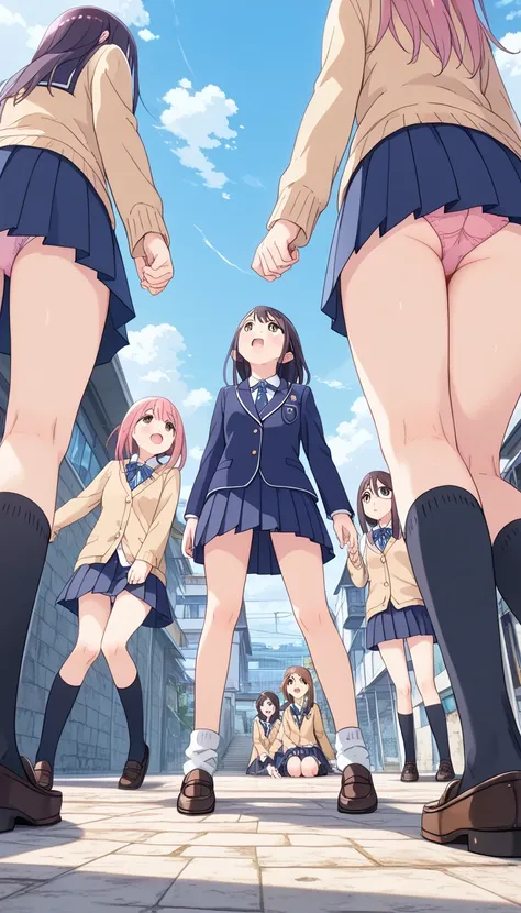 score_9, score_8_ up, score_7_ up,  Source_  PHOCHAT WITH THE ANIMATION BREAK STATION IN THE BACKGROUND ,  uniform、 pleated skirt ,  Bare legs, A Little Punch 、 erotic pink panties、 amazing thighs 、(( Black Knee High Socks ))、Multiple women、 loafers withou...